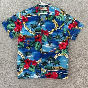 Hilo Hattie Hawaiian Shirt Kids  M Blue Tropical Floral Tropical Cotton Aloha